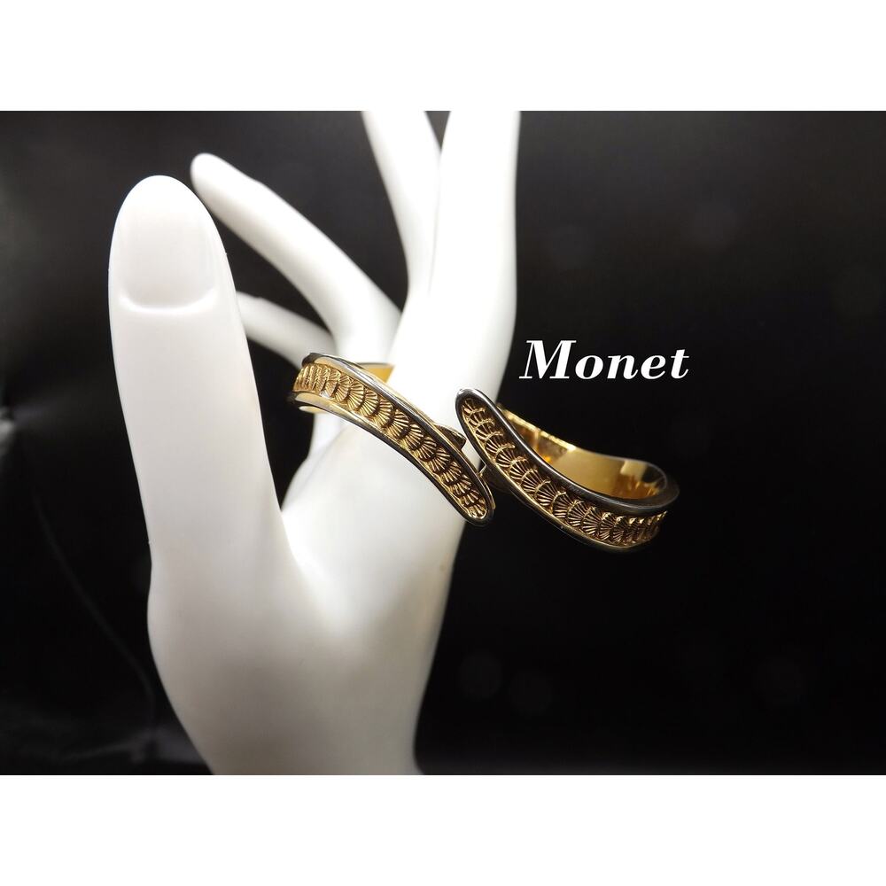 Vintage Monet Shell Design Hinged Bracelet, Gold Plated Bangle, 1960s